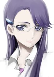 Rule 34 | 10s, 1girl, blush, eyelashes, glasses, hair ornament, hairclip, happy, heartcatch precure!, looking at viewer, portrait, precure, purple eyes, purple hair, shirt, simple background, sketch, smile, solo, tsukikage oyama, tsukikage yuri, white background, white shirt