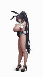 Rule 34 | 1girl, animal ears, bare shoulders, black footwear, black hair, black leotard, blue archive, blue bow, blue bowtie, bow, bowtie, breasts, commentary, curvy, dark-skinned female, dark skin, detached collar, english commentary, fake animal ears, fishnet pantyhose, fishnets, from side, full body, gloves, hair intakes, halo, high heels, high ponytail, highleg, highleg leotard, highres, huge breasts, k19, karin (blue archive), karin (bunny) (blue archive), leotard, long hair, looking at viewer, number tattoo, official alternate costume, pantyhose, playboy bunny, pumps, rabbit ears, rabbit tail, revealing clothes, shoes, shoulder tattoo, simple background, solo, standing, strapless, strapless leotard, tail, tattoo, thong leotard, traditional bowtie, very long hair, white background, white gloves, wide hips, yellow eyes