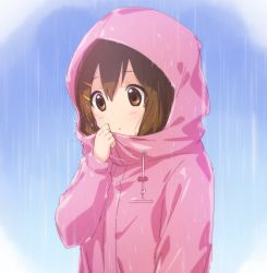 Rule 34 | 1girl, atu, blue background, blush, brown eyes, brown hair, commentary request, hair ornament, hairclip, hand up, hirasawa yui, hood, hood up, k-on!, long sleeves, parted lips, pink raincoat, rain, raincoat, short hair, solo, two-tone background, upper body, white background
