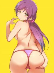 Rule 34 | 10s, 1girl, ass, back, backboob, blush, breasts, duke (inu daimyou), from behind, green eyes, hair ornament, hair scrunchie, hand on own ass, hand up, long hair, looking at viewer, looking back, love live!, love live! school idol project, panties, parted lips, pink scrunchie, purple hair, purple panties, scrunchie, simple background, solo, thigh gap, topless, tojo nozomi, twintails, underwear, yellow background