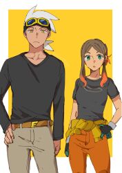 Rule 34 | 1boy, 1girl, belt, belt buckle, black gloves, black shirt, breasts, brown belt, brown hair, brown pants, buckle, closed mouth, commentary request, copyright request, gloves, goggles, goggles on head, gradient hair, green eyes, grey hair, hand on own hip, highres, hinata (ryohinata), long sleeves, looking at viewer, multicolored hair, orange hair, orange pants, pants, parted lips, shirt, short sleeves, small breasts, two-tone background, v-shaped eyebrows, white background, yellow background, yellow eyes