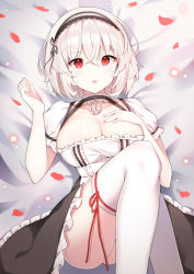 Rule 34 | 1girl, absurdres, anchor choker, azur lane, bed sheet, blush, breasts, choker, cleavage, collarbone, frilled choker, frills, hair between eyes, hairband, hand on own chest, highres, lace-trimmed hairband, lace trim, large breasts, looking at viewer, lying, on back, open mouth, paaru, petals, puffy short sleeves, puffy sleeves, red eyes, red ribbon, ribbon, ribbon-trimmed legwear, ribbon trim, rose petals, short hair, short sleeves, sirius (azur lane), solo, sweat, thighhighs, thighs, white hair, white thighhighs