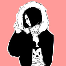 Rule 34 | 1boy, android 17, black hair, disney, dragon ball, dragonball z, expressionless, hood, hood up, hooded jacket, jacket, looking at viewer, male focus, mickey mouse, miiko (drops7), monochrome, pink background, pink theme, shirt, short hair, simple background, solo focus, white shirt