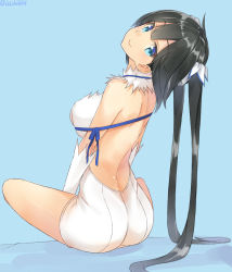 Rule 34 | 10s, 1girl, back, backless outfit, black hair, blue background, blue eyes, breasts, dress, dungeon ni deai wo motomeru no wa machigatteiru darou ka, from behind, gloves, hair ribbon, head tilt, hestia (danmachi), isshiki (ffmania7), large breasts, leaning back, long hair, looking at viewer, looking back, rei no himo, ribbon, shaft look, sitting, smile, solo, twintails, twitter username, white dress, white gloves