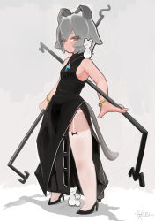 Rule 34 | 1girl, adapted costume, animal ear fluff, animal ears, armpit peek, bangle, black bow, black dress, blush, bow, bracelet, breasts, commentary request, crystal, dowsing rod, dress, eyes visible through hair, garter straps, grey background, grey hair, high heels, highres, holding, jewelry, lace, lace panties, layered dress, looking at viewer, mouse (animal), mouse ears, mouse tail, nazrin, panties, pendant, red eyes, revealing clothes, serakawa, short hair, sideboob, sleeveless, sleeveless dress, small breasts, smile, solo, tail, thighhighs, touhou, underwear, white panties, white thighhighs