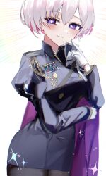Rule 34 | + +, black jacket, black pantyhose, blush, capelet, closed mouth, colored inner hair, finger to cheek, gloves, goddess of victory: nikke, highres, jacket, liliweiss (nikke), looking at viewer, military uniform, multicolored hair, pantyhose, pink hair, purple capelet, purple eyes, shirase aron (sisisiroo), short hair, smile, star-shaped pupils, star (symbol), symbol-shaped pupils, uniform, white gloves, white hair
