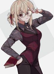 Rule 34 | 1girl, adjusting eyewear, black shirt, blonde hair, book, breasts, brown eyes, commentary, eyebrows, glasses, grey pants, hair between eyes, hand on own hip, highres, itou (very ito), light smile, looking at viewer, medium breasts, nail polish, original, pants, ponytail, red ribbon, red vest, ribbon, round eyewear, shirt, short hair, short ponytail, smile, solo, thick eyebrows, vest, white background