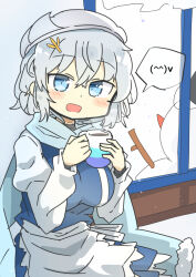 Rule 34 | 1girl, apron, blue eyes, breasts, cup, grey hair, holding, holding cup, indoors, lapel pin, large breasts, letty whiterock, looking at viewer, matsu kitsune, mug, open mouth, scarf, short hair, snowman, solo, touhou, waist apron, white apron, window, yuki onna