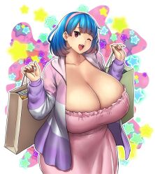 Rule 34 | 1girl, absurdres, bag, blue hair, blush, bob cut, breasts, cleavage, collarbone, cowboy shot, curvy, dress, earrings, erkaz, hairband, highres, hood, hoodie, huge breasts, jewelry, looking at viewer, low neckline, open clothes, open hoodie, open mouth, red eyes, rina atherina, shiny skin, shopping bag, short hair, smile, solo, standing, star, veins, veiny breasts, wide hips