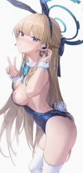 Rule 34 | 1girl, absurdres, animal ears, ass, backless leotard, bingwei huang, blonde hair, blue archive, blue bow, blue eyes, blue hairband, blue leotard, bow, bowtie, braid, breasts, closed mouth, commentary, detached collar, earpiece, fake animal ears, fake tail, french braid, from side, hairband, halo, hands up, highres, leotard, long hair, medium breasts, microphone, official alternate costume, official alternate hairstyle, playboy bunny, rabbit ears, rabbit tail, simple background, tail, thighhighs, thighs, toki (blue archive), toki (bunny) (blue archive), v, very long hair, white background, white thighhighs, wrist cuffs