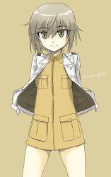 Rule 34 | 1girl, eugenia horbaczewski, green eyes, grey hair, hands in pockets, highres, makaze (t-junction), military, military uniform, short hair, smile, solo, strike witches, uniform, world witches series