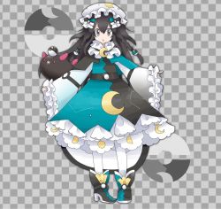 Rule 34 | 1girl, alternate costume, black hair, bow, braid, checkered background, constellation, creatures (company), crescent, dress, female focus, flat chest, full body, game freak, gen 7 pokemon, grey background, grey eyes, hair between eyes, hair bow, hair ornament, hat, high heels, highres, jpeg artifacts, long hair, long sleeves, looking at viewer, mob cap, moon ball, multicolored clothes, multicolored dress, multicolored footwear, namako plum, nintendo, official style, open mouth, pantyhose, pigeon-toed, pink eyes, plum (vtuber), plum no bouken note, poke ball, poke ball symbol, pokemon, pokemon (creature), pyukumuku, shoes, simple background, sleeves past wrists, solo focus, standing, twin braids, two-tone background, virtual youtuber, white headwear, white pantyhose, wide sleeves