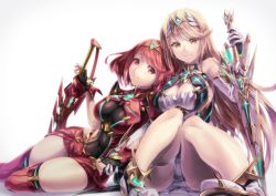Rule 34 | 2girls, armor, bad id, bad twitter id, blonde hair, blush, breasts, cleavage, dress, earrings, fingerless gloves, gloves, hair ornament, hip focus, jewelry, large breasts, long hair, looking at viewer, multiple girls, mythra (xenoblade), nintendo, pyra (xenoblade), red eyes, red hair, short hair, shorts, sidelocks, simple background, smile, sword, tiara, weapon, white background, xenoblade chronicles (series), xenoblade chronicles 2, xenoblade chronicles (series), xenoblade chronicles 2, yellow eyes, yoshiomi