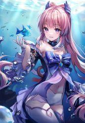 Rule 34 | 1girl, absurdres, bare shoulders, blue bow, blue dress, bow, brooch, cowboy shot, detached collar, dress, fish, genshin impact, gloves, gradient hair, hair ornament, half gloves, hand up, highres, jewelry, long hair, looking at viewer, multicolored hair, navel, parted lips, pink hair, ponytail, purple eyes, sangonomiya kokomi, short shorts, shorts, smile, solo, starlime, thighhighs, underwater, vision (genshin impact), white gloves, white thighhighs