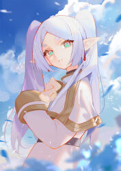 Rule 34 | 1girl, capelet, cloud, cloudy sky, day, dress, elf, frieren, from side, grey hair, hands on own chest, indai (3330425), long hair, long sleeves, looking at viewer, looking to the side, outdoors, parted bangs, parted lips, pointy ears, sky, solo, sousou no frieren, thick eyebrows, twintails, upper body, white capelet, white dress