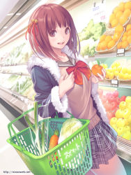 Rule 34 | 1girl, apple, bell, bow, bowtie, brown eyes, brown hair, cabbage, carrot, coat, cowboy shot, dutch angle, food, from side, fruit, fur trim, hair bell, hair ornament, hair ribbon, holding, holding food, holding fruit, indoors, jingle bell, long sleeves, looking at viewer, mana kakkowarai, mandarin orange, md5 mismatch, open mouth, original, red bow, red bowtie, resolution mismatch, ribbon, school uniform, serafuku, shopping, shopping basket, skirt, solo, spring onion, supermarket, sweater, watermark, web address