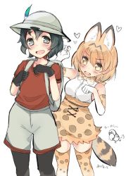 Rule 34 | 2girls, abenattou, animal ears, artist name, backpack, bag, black eyes, black gloves, black hair, blonde hair, bow, bowtie, brown shorts, claw pose, commentary request, elbow gloves, extra ears, gloves, hat feather, heart, helmet, high-waist skirt, holding strap, kaban (kemono friends), kemono friends, leaning to the side, pantyhose under shorts, looking at another, looking at viewer, multiple girls, open mouth, pantyhose, pith helmet, print gloves, print legwear, print neckwear, print skirt, red shirt, serval (kemono friends), serval print, serval tail, shirt, short hair, short sleeves, shorts, skirt, sleeveless, sleeveless shirt, smile, standing, striped tail, tail, thighhighs, translated, white gloves, white shirt, white skirt, yellow eyes, yellow legwear