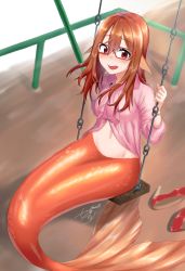Rule 34 | 1girl, :d, artist name, awono nanaumi, blush, breasts, brown hair, commission, fins, frown, glasses, hair between eyes, hanging, head fins, high heels, highres, long hair, looking at viewer, medium breasts, mermaid, monster girl, navel, open mouth, original, outdoors, pink shirt, puffy short sleeves, puffy sleeves, red-framed eyewear, red footwear, shirt, shoes, unworn shoes, short sleeves, signature, smile, solo, swing, swing set