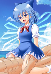 Rule 34 | 1girl, blue eyes, blue hair, blush, breasts, cirno, clothed female nude male, clothed sex, cowgirl position, fang, girl on top, hair ribbon, ice, ice wings, nude, onna kishi no shiro, red ribbon, ribbon, sex, small breasts, solo focus, straddling, sweat, touhou, wings