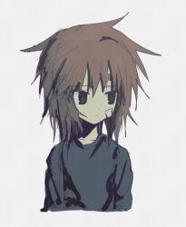 Rule 34 | 1other, androgynous, atoymk, bandaid, bandaid on cheek, bandaid on face, barcode, barcode tattoo, black shirt, brown hair, closed mouth, expressionless, hair between eyes, highres, kurohebi, len&#039;en, long sleeves, medium hair, other focus, shirt, simple background, sketch, tattoo, upper body, white background