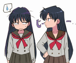 Rule 34 | = =, bishoujo senshi sailor moon, black hair, bow, dual persona, hand on own hip, hino rei, long hair, looking to the side, red bow, sailor collar, school uniform, serafuku, shirt, simple background, skirt, ta girls school uniform, tsubobot, very long hair, white background