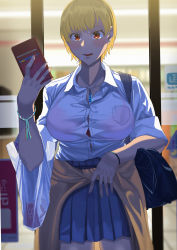 Rule 34 | 1girl, absurdres, bag, black bean, blonde hair, blush, bra, bra visible through clothes, bracelet, brown eyes, button gap, cellphone, collared shirt, commentary request, condom box, dress shirt, highres, holding, holding phone, jewelry, looking at viewer, necklace, open mouth, original, outdoors, phone, pleated skirt, red bra, school bag, shirt, shopping bag, short hair, skirt, sleeves rolled up, smartphone, smartphone case, standing, storefront, tied sweater, underwear, uniform, white shirt, window