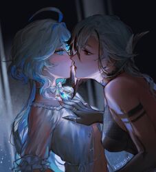 Rule 34 | 2girls, ahoge, alternate costume, arlecchino (genshin impact), bare shoulders, blue eyes, bow, bowtie, breasts, commentary, english commentary, eye contact, face-to-face, furina (genshin impact), genshin impact, hand on another&#039;s chest, imminent kiss, keibleh, lips, looking at another, medium breasts, multiple girls, navel, open mouth, small breasts, sweat, symbol-shaped pupils, textless version, white hair, x-shaped pupils, yuri