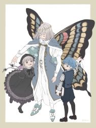 Rule 34 | 1girl, 2boys, black dress, black headwear, blue hair, blue shorts, book, braid, butterfly wings, cape, child, closed eyes, crown, dress, fate/grand order, fate (series), frilled dress, frills, grey hair, hair ribbon, hans christian andersen (fate), hat, highres, holding, holding book, insect wings, kokko (014kko), long hair, long sleeves, multiple boys, nursery rhyme (fate), oberon (fate), open mouth, ribbon, shorts, standing, striped, twin braids, twitter username, vertical stripes, wings