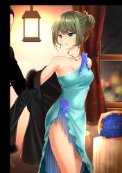 Rule 34 | 10s, 1boy, 1girl, absurdres, alternate hairstyle, armpits, bad id, bad pixiv id, bare legs, bare shoulders, blue eyes, blue flower, blue rose, bouquet, breasts, brown hair, cleavage, collarbone, curtains, dress, earrings, evening gown, flower, formal, green eyes, hair bun, hair ornament, hair up, heterochromia, highres, idolmaster, idolmaster cinderella girls, indoors, jewelry, lamp, large breasts, legs, light blue dress, lips, looking back, mole, mole under eye, neck, necklace, off shoulder, out of frame, parted lips, rose, short hair, smile, solo focus, standing, table, takagaki kaede, window, yuitanpo