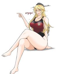 Rule 34 | 1girl, :d, adapted costume, alternate costume, arm support, barefoot, black one-piece swimsuit, blonde hair, blush, breasts, chiba shuusaku, cleavage, collarbone, competition swimsuit, cosplay, crossed legs, curvy, emblem, english text, engrish text, feet, flipped hair, from side, full body, grey eyes, hair between eyes, headdress, headgear, highleg, highleg swimsuit, iowa (kancolle), kantai collection, large breasts, legs, long hair, looking at viewer, mecha musume, name connection, one-piece swimsuit, open mouth, parody, pointing, ranguage, red one-piece swimsuit, shadow, sidelocks, simple background, sitting, smile, solo, star trek, swimsuit, thick thighs, thighs, twitter username, very long hair, white background