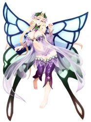 Rule 34 | 1girl, barbariank, bare shoulders, barefoot, blonde hair, blunt bangs, braid, breasts, butterfly wings, center opening, cleavage, detached collar, detached sleeves, dress, eyebrows, fairy, fairy wings, flower, french braid, full body, gem, hair flower, hair ornament, half-closed eyes, hand up, head tilt, highres, insect wings, large breasts, long hair, looking at viewer, monster girl, monster girl encyclopedia, monster girl encyclopedia ii, navel, open clothes, parted lips, pointy ears, purple dress, purple eyes, purple legwear, see-through, sidelocks, smile, solo, standing, standing on one leg, thigh gap, titania (monster girl encyclopedia), transparent background, very long hair, wings