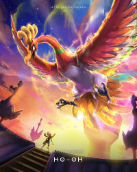 Rule 34 | 1girl, bird, brown hair, character name, cloud, commentary, copyright name, creatures (company), game freak, gen 2 pokemon, hat, highres, ho-oh, kelvin-trainerk, legendary pokemon, long hair, lyra (pokemon), nintendo, outdoors, overalls, pokemon, pokemon (creature), pokemon hgss, shirt, sky, sleeves past elbows, stairs, standing, star (sky), statue, talons, thighhighs, twintails, twitter username, white headwear, white thighhighs