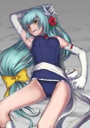 Rule 34 | 1girl, aqua hair, arm up, blue one-piece swimsuit, bow, breasts, elbow gloves, fate/grand order, fate (series), flower, gloves, grin, hair bow, hair flower, hair ornament, hibiscus, kiyohime (fate), kiyohime (fate/grand order), kiyohime (swimsuit lancer) (fate), kiyohime (swimsuit lancer) (second ascension) (fate), long hair, looking at viewer, low-tied long hair, lying, medium breasts, on back, one-piece swimsuit, purutoppu (toranohige), red bow, red flower, school swimsuit, smile, solo, swimsuit, very long hair, white gloves, yellow bow, yellow eyes