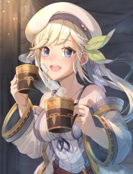 Rule 34 | 1girl, :d, bare shoulders, belt, beret, blonde hair, blue eyes, bow, breasts, collarbone, commentary request, cucouroux (granblue fantasy), cup, detached sleeves, dress, gold trim, granblue fantasy, hair bow, hair ribbon, hat, holding, holding cup, indoors, long hair, looking at viewer, medium breasts, open mouth, panda inu, patch, red belt, ribbon, skirt, smile, solo, twintails, white dress, white hat, white skirt, wide sleeves