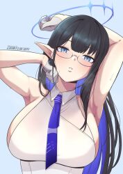 Rule 34 | 1girl, armpits, arms up, black hair, blue archive, blue background, english text, glasses, grimkopi, image sample, long hair, rin (blue archive), school uniform, solo, sweat, twitter sample