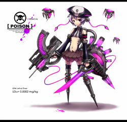 Rule 34 | 1girl, android, armband, armor, bare shoulders, black thighhighs, breasts, cyborg, detached sleeves, dripping, dual wielding, artistic error, gia, glowing, gun, hat, holding, letterboxed, mecha musume, monster girl, navel, needle, neon trim, original, personification, pink eyes, poison, poison (gia), purple hair, robot, short hair, small breasts, smile, solo, sword, syringe, thighhighs, underboob, weapon, zettai ryouiki, zipper