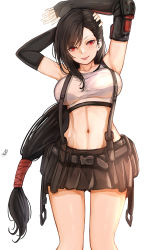 Rule 34 | 1girl, absurdres, armpits, arms up, bare shoulders, black gloves, black hair, black skirt, breasts, collarbone, commentary, cowboy shot, crop top, elbow gloves, final fantasy, final fantasy vii, gloves, highres, large breasts, long hair, looking at viewer, low-tied long hair, midriff, miniskirt, navel, nui gurumi, pink lips, pleated skirt, red eyes, simple background, skirt, smile, solo, standing, stomach, suspenders, thighs, tifa lockhart, very long hair, white background