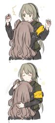 Rule 34 | 2girls, absurdres, armband, brown hair, closed mouth, commentary, english commentary, closed eyes, girls&#039; frontline, grey hair, hair ribbon, highres, hinagi (fox priest), hug, jacket, long hair, long sleeves, multiple girls, mutual hug, one side up, ribbon, simple background, star-shaped pupils, star (symbol), symbol-shaped pupils, ump40 (girls&#039; frontline), ump45 (girls&#039; frontline), white background