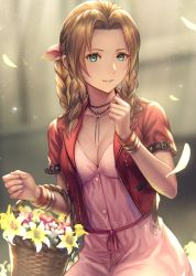Rule 34 | 1girl, absurdres, aerith gainsborough, anbe yoshirou, aqua eyes, basket, blurry, blurry background, bracelet, braid, breasts, brown hair, buttons, church, collarbone, commentary request, dress, final fantasy, final fantasy vii, flower, hand up, highres, holding, jacket, jewelry, light particles, lips, long hair, looking at viewer, medium breasts, necklace, parted bangs, parted lips, petals, pink dress, red jacket, short sleeves, smile, solo, zipper