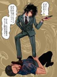 Rule 34 | 2boys, black hair, black necktie, blood, blood drip, blood on clothes, blood on face, bloody knife, business suit, buttoned cuffs, buttons, collared shirt, emoji, formal, glasses, hand in pocket, highres, holding, holding knife, knife, medium hair, multiple boys, necktie, original, ozp719, shirt, speech bubble, stepped on, suit, translation request, watch, wristwatch