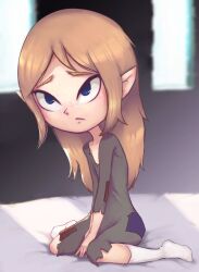 Rule 34 | 1girl, bed, blonde hair, blue eyes, collarbone, conoghi, dress, freckles, green dress, highres, long hair, long sleeves, looking up, mila (zelda), nintendo, patchwork clothes, pointy ears, rags, sitting, socks, the legend of zelda, the legend of zelda: the wind waker, torn clothes, torn dress, white socks, window