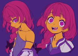 Rule 34 | 1girl, @ @, alternate skin color, bare shoulders, black bow, blunt bangs, bocchi the rock!, bow, braid, collarbone, colored skin, commentary, crazy eyes, crazy smile, cropped shoulders, dress, earrings, fang, hair bow, hair over shoulder, highres, hiroi kikuri, jacket, jacket partially removed, jewelry, letterman jacket, limited palette, long hair, looking at viewer, messy hair, multiple views, pink hair, profile, purple background, purple dress, purple eyes, purple jacket, sharp teeth, sideways glance, simple background, sleeveless, sleeveless dress, smile, spaghetti strap, stud earrings, symbol-only commentary, teeth, twitter username, upper body, waa153, wide-eyed, yellow skin