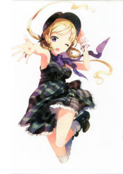 Rule 34 | 1girl, ;d, absurdres, blonde hair, boots, bracelet, braid, braided hair rings, dress, full body, h2so4, hair rings, hat, highres, jewelry, jumping, looking at viewer, neck ribbon, one eye closed, open mouth, outstretched hand, purple eyes, ribbon, ring, simple background, smile, socks, solo, twin braids, white background, white socks