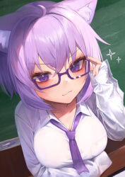 Rule 34 | 1girl, absurdres, adjusting eyewear, animal ears, breasts, cat ears, chalkboard, collared shirt, glasses, hair between eyes, highres, hololive, large breasts, long sleeves, nanome to, necktie, nekomata okayu, nekomata okayu (oversized shirt), purple eyes, purple hair, purple necktie, shirt, sleeves past wrists, solo, v-shaped eyebrows, virtual youtuber