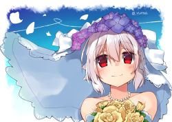 Rule 34 | 1girl, adyisu, albino, altair floone, bare shoulders, blue sky, bouquet, bridal veil, contrail, flower, hair between eyes, hair flower, hair ornament, holding, holding bouquet, jewelry, light smile, looking at viewer, necklace, original, pearl necklace, portrait, red eyes, rose, short hair, sky, solo, twitter username, veil, white hair, wind, yellow flower, yellow rose