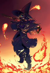Rule 34 | 10s, absurdres, anchors (mono eye os), ascot, black mage (final fantasy), blue eyes, dark background, eyepatch, final fantasy, final fantasy xiv, fire, gradient background, hat, high collar, highres, looking at viewer, pointy footwear, shoes, simple background, smile, staff, wizard hat