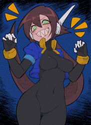 Rule 34 | 1girl, aile (mega man zx), arms up, bodysuit, breasts, buzzlyears, evil smile, green eyes, grin, medium breasts, mega man zx, mega man zx advent, perky breasts, sharp teeth, smile, solo, teeth, tight clothes