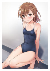 Rule 34 | 1girl, blue one-piece swimsuit, blush, breasts, brown eyes, brown hair, closed mouth, collarbone, competition school swimsuit, flower, hair between eyes, hair flower, hair ornament, isshi pyuma, looking at viewer, misaka mikoto, one-piece swimsuit, school swimsuit, short hair, small breasts, swimsuit, toaru kagaku no railgun, toaru majutsu no index, twitter username