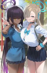 Rule 34 | 2girls, arm around shoulder, asuna (blue archive), blue archive, blue bow, blue bowtie, blue choker, blue eyes, blue nails, blue skirt, blush, bow, bowtie, breasts, choker, closed mouth, collared shirt, cowboy shot, dark-skinned female, dark skin, grey hair, hair over one eye, halo, hand on own hip, hand up, highres, hood (james x), karin (blue archive), large breasts, long hair, long sleeves, looking at viewer, multiple girls, nail polish, one eye covered, parted lips, pleated skirt, purple hair, scrunchie, shirt, shirt tucked in, skirt, smile, teeth, thighs, white shirt, wrist scrunchie, yellow eyes