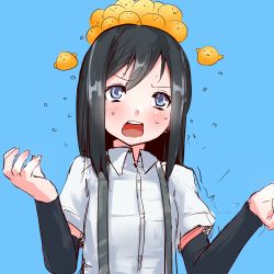 Rule 34 | 10s, 1girl, animal, animal on head, arm warmers, asashio (kancolle), bad id, bad twitter id, bird, bird on head, black hair, blue background, blue eyes, chick, imperial japanese navy, inactive account, kantai collection, long hair, meme, on head, open mouth, school uniform, simple background, solo, soubi, suspenders, too many